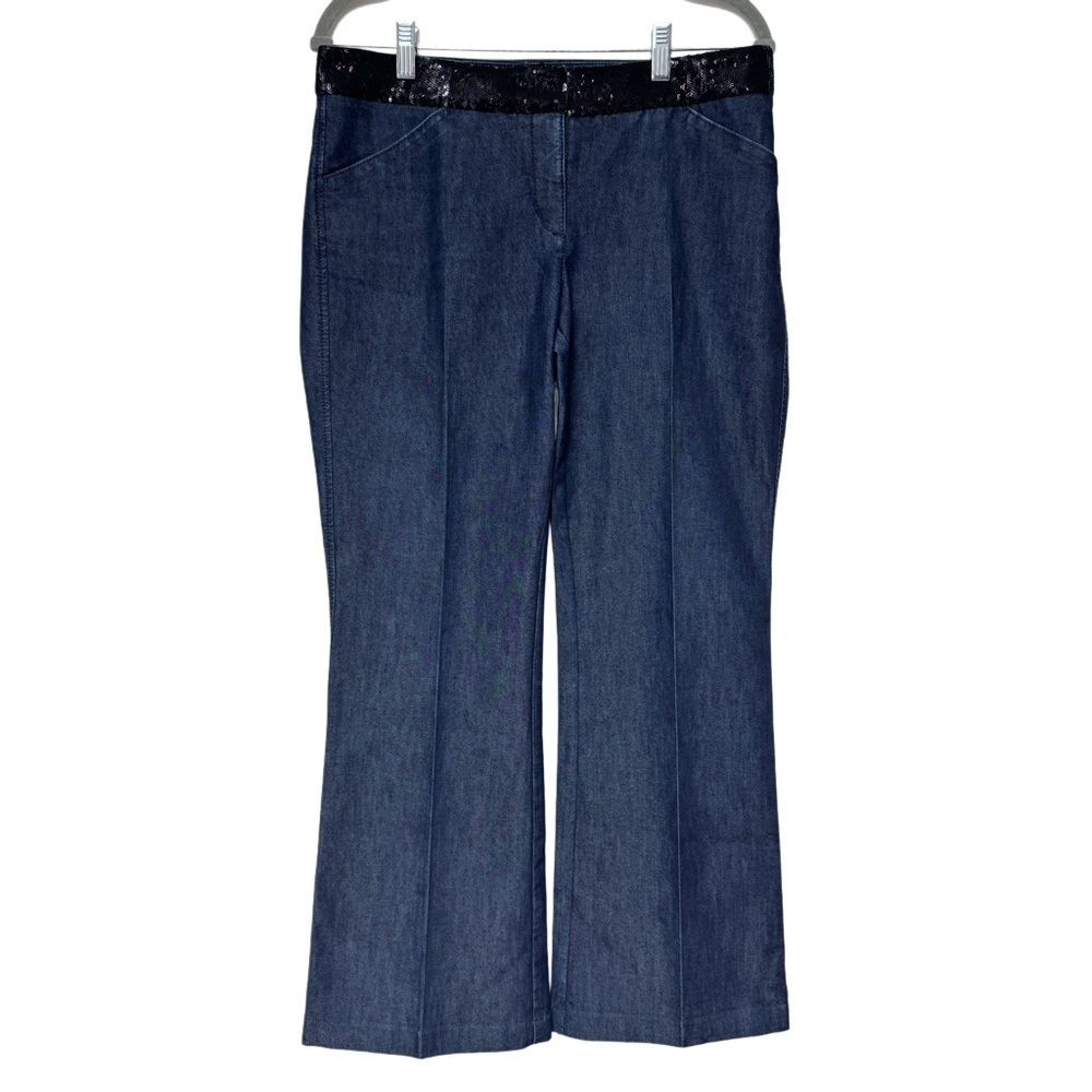 {Express} "Editor" Black Sequin Waist Band Relaxed Bootcut Flare Denim Trousers